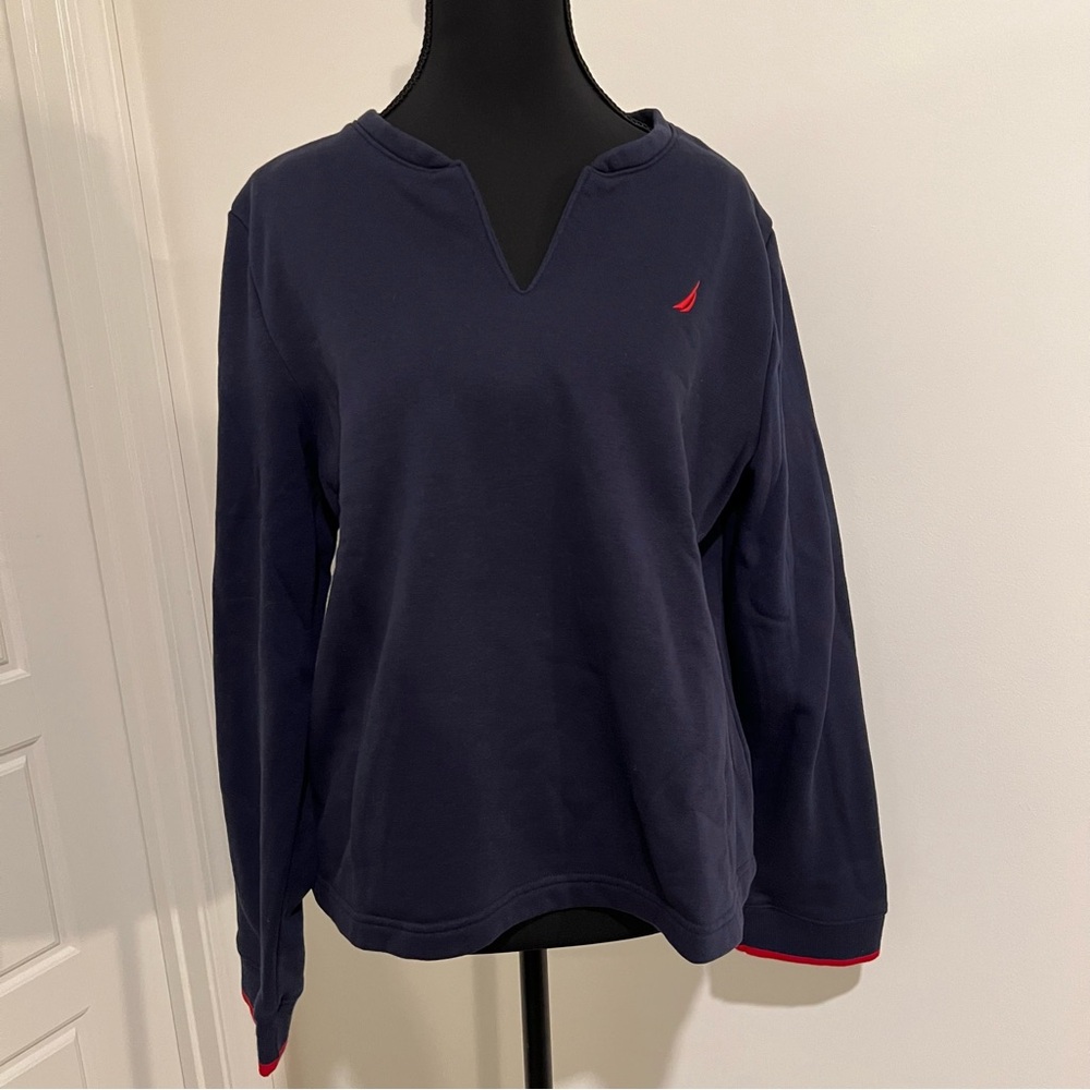 Nautica Women's V-Neck Sweater - Navy and Red Accents